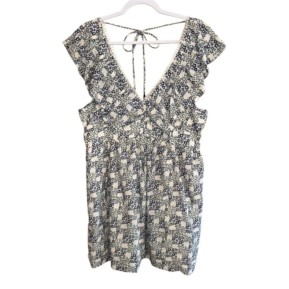 Anthropologie V-Neck Plunge Tunic Mini Blue White Floral Dress Size Medium $148